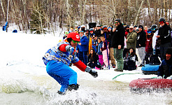 Steve, a member of the Asessippi Snow School team, participating in Slush Cup in his Mario costume at the Slush Cup on Easter Weekend.