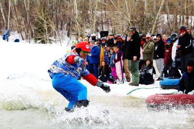 Steve, a member of the Asessippi Snow School team, participating in Slush Cup in his Mario costume at the Slush Cup on Easter Weekend.